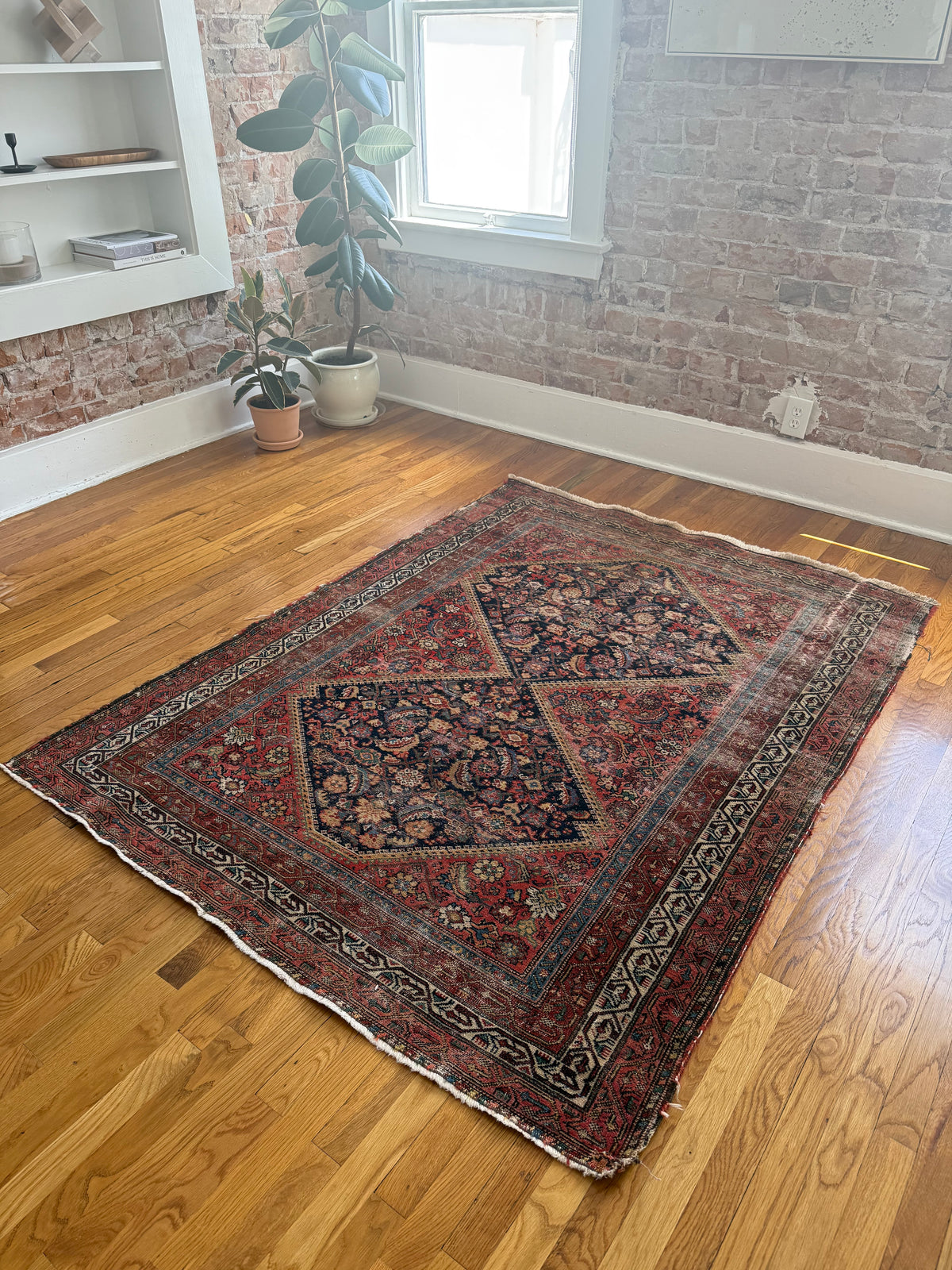 1064 | Bloodline | Antique Persian Hamadan Rug with Twin Midnight Medallions | 4.9 × 6.2