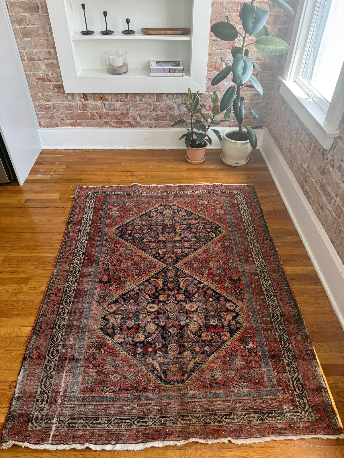 1064 | Bloodline | Antique Persian Hamadan Rug with Twin Midnight Medallions | 4.9 × 6.2