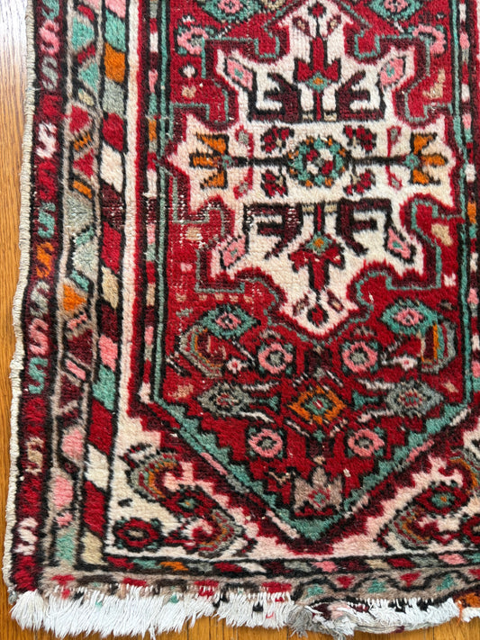 1069 | BAD INFLUENCE Antique Persian Hamadan Rug with Turquoise, Pink & Red | Circa 1920–1940 | 2.2 × 3.9