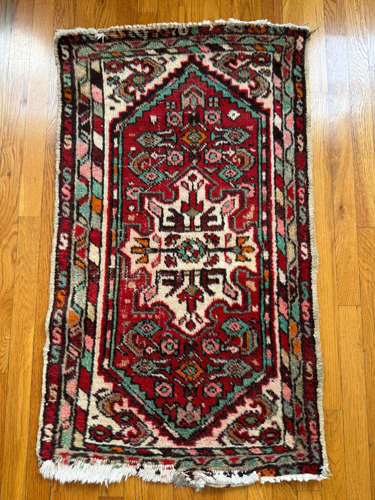 1069 | BAD INFLUENCE Antique Persian Hamadan Rug with Turquoise, Pink & Red | Circa 1920–1940 | 2.2 × 3.9