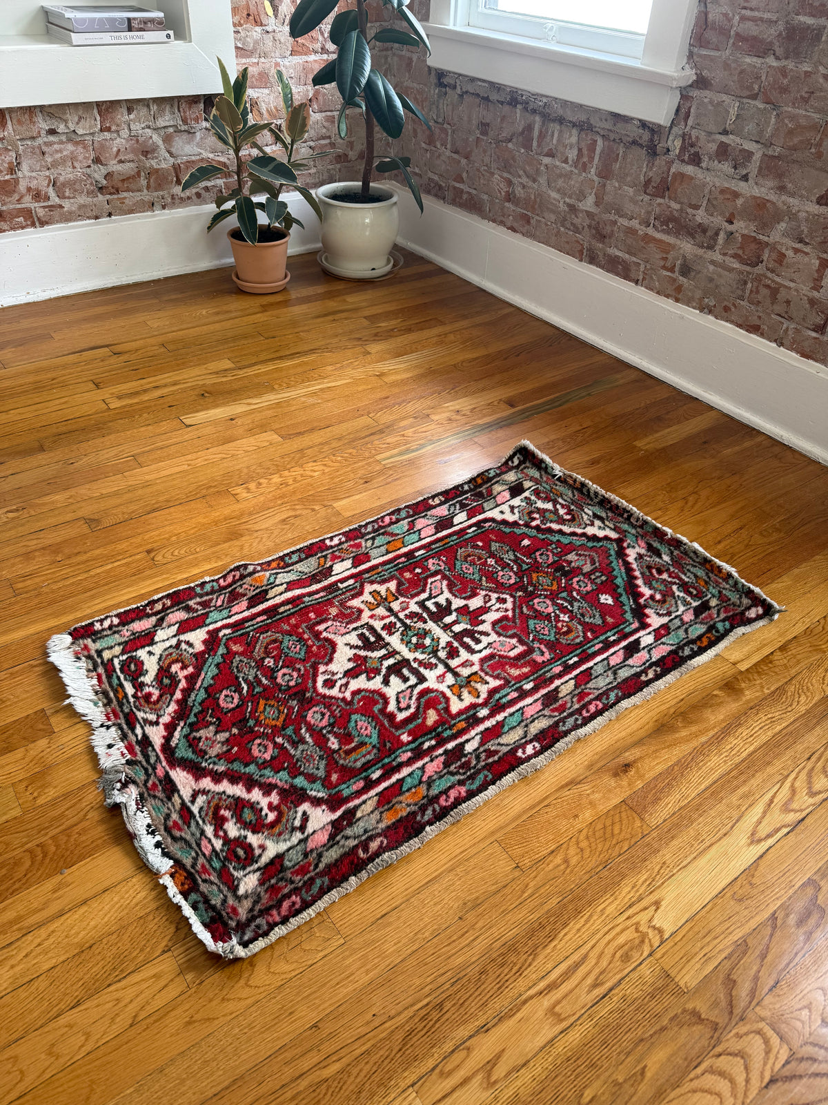 1069 | BAD INFLUENCE Antique Persian Hamadan Rug with Turquoise, Pink & Red | Circa 1920–1940 | 2.2 × 3.9