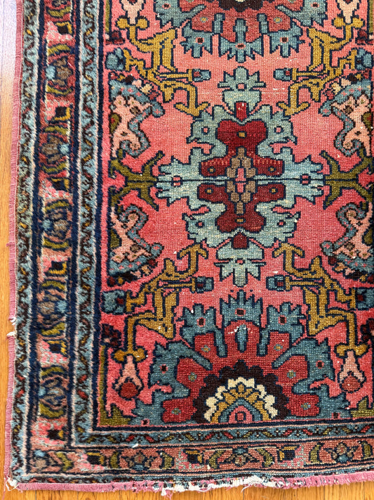 1070 | PEACOCK Antique Persian Hamadan Rug with Salmon Pink & Peacock Blue | Circa 1920–1930 | 2.2 × 2.10