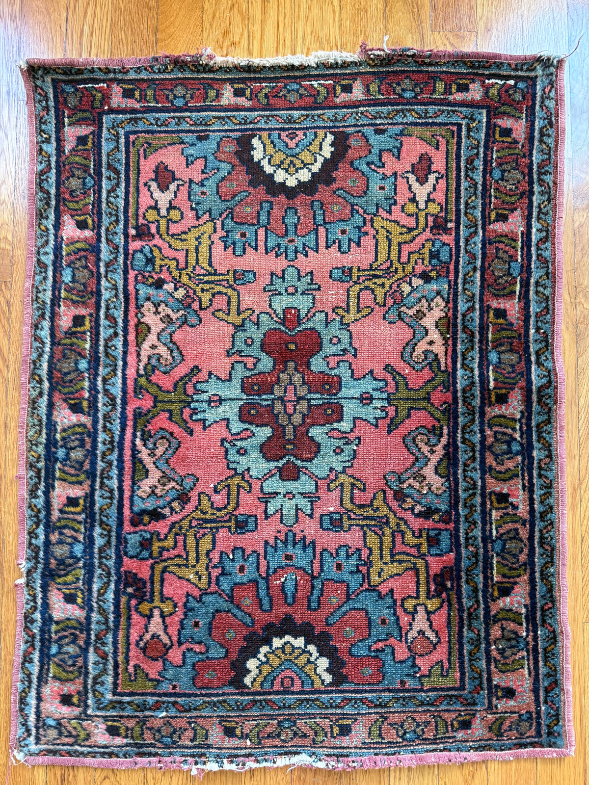 1070 | PEACOCK Antique Persian Hamadan Rug with Salmon Pink & Peacock Blue | Circa 1920–1930 | 2.2 × 2.10