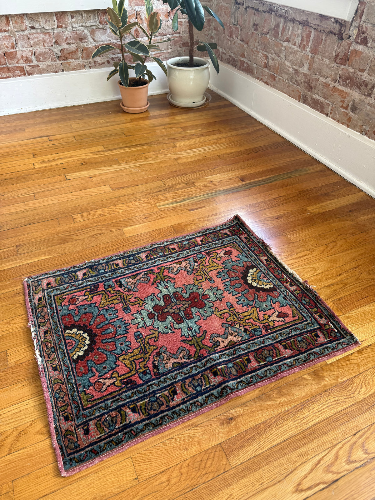 1070 | PEACOCK Antique Persian Hamadan Rug with Salmon Pink & Peacock Blue | Circa 1920–1930 | 2.2 × 2.10
